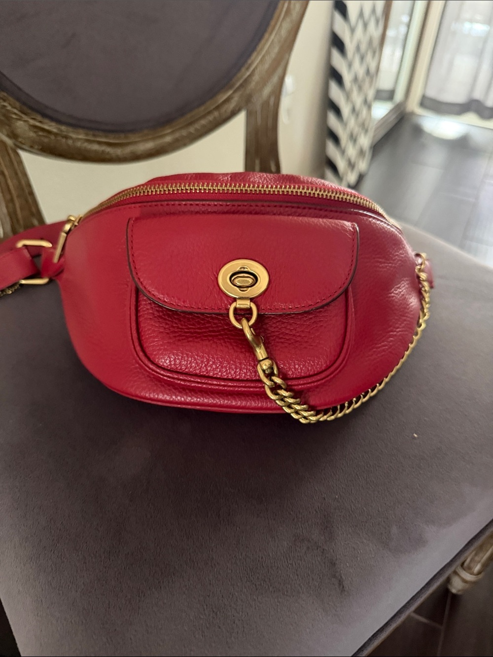 Coach Red Leather Chain-Accent Crossbody Belt Bag collectable